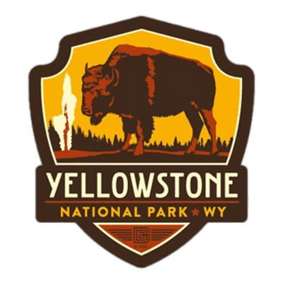 The Yellowstone National Park logo featuring a bison silhouette against a sunset background.