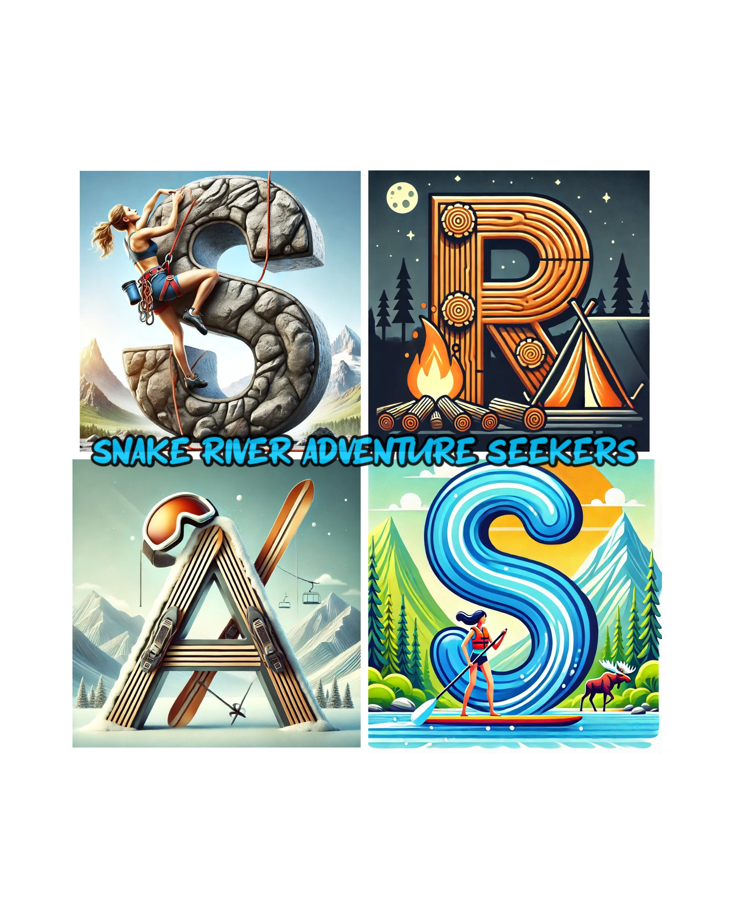 A collage of four adventure-themed illustrations with the text 'Snake River Adventure Seekers' in blue across the center.