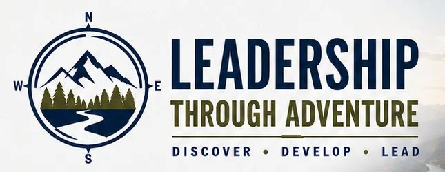 Logo with mountains, trees, and a river inside a compass, with the text "Leadership Through Adventure" and the words "Discover, Develop, Lead."