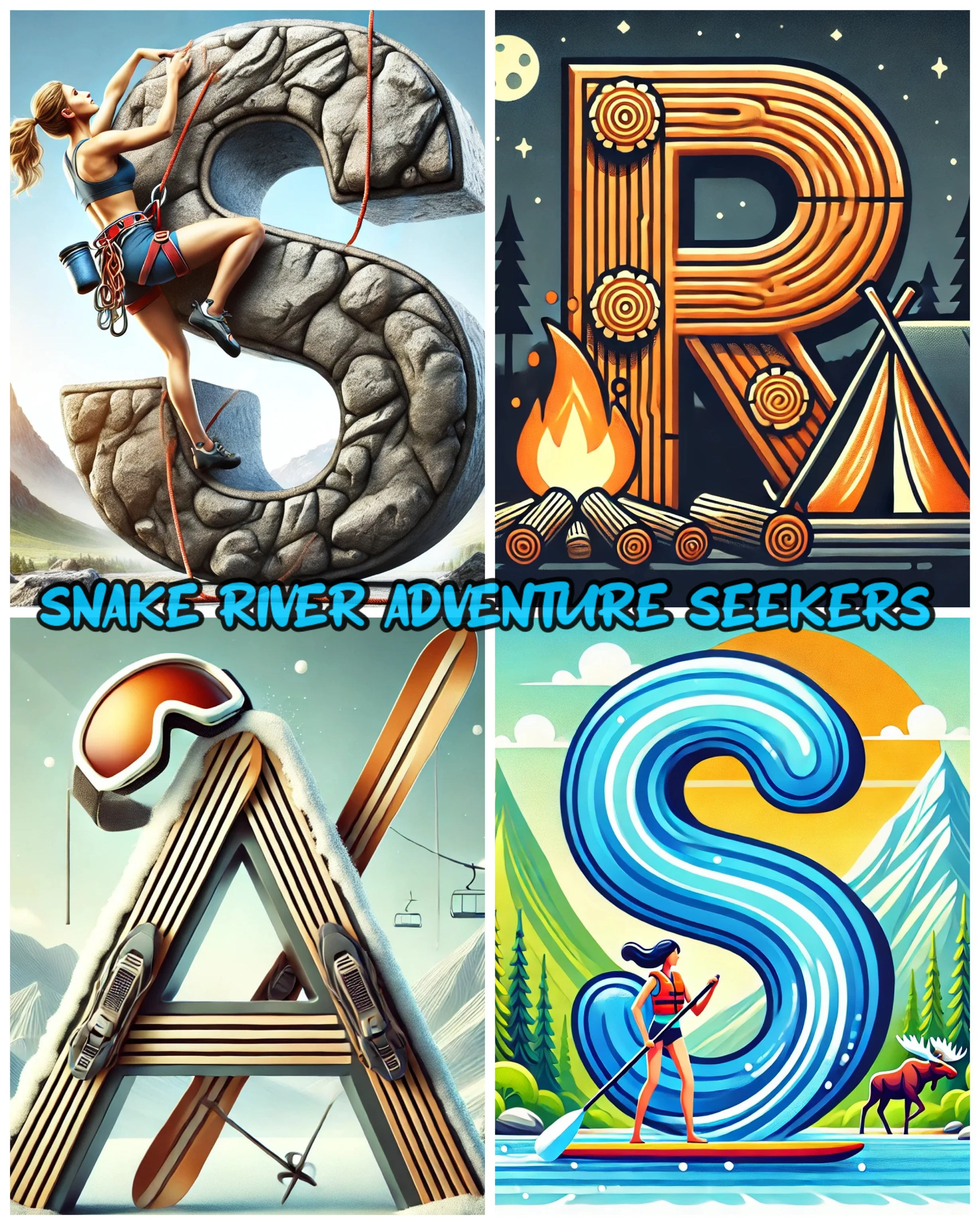 A collage of four adventure-themed illustrations with the text 'Snake River Adventure Seekers'. Top left: a woman climbing a rock formation shaped like the letter 'S'. Top right: a campfire, teepee, and trees with a large wooden letter 'R'. Bottom left: skis, ski poles, a helmet, and goggles with snow-covered mountains in the background. Bottom right: a woman paddleboarding on a river with a large, stylized blue 'S' in the water, mountains, and a moose in the background.
