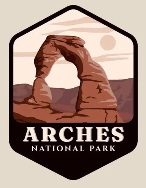 Logo for Arches National Park featuring a stylized illustration of a natural stone arch in a desert landscape with a sun in the background.