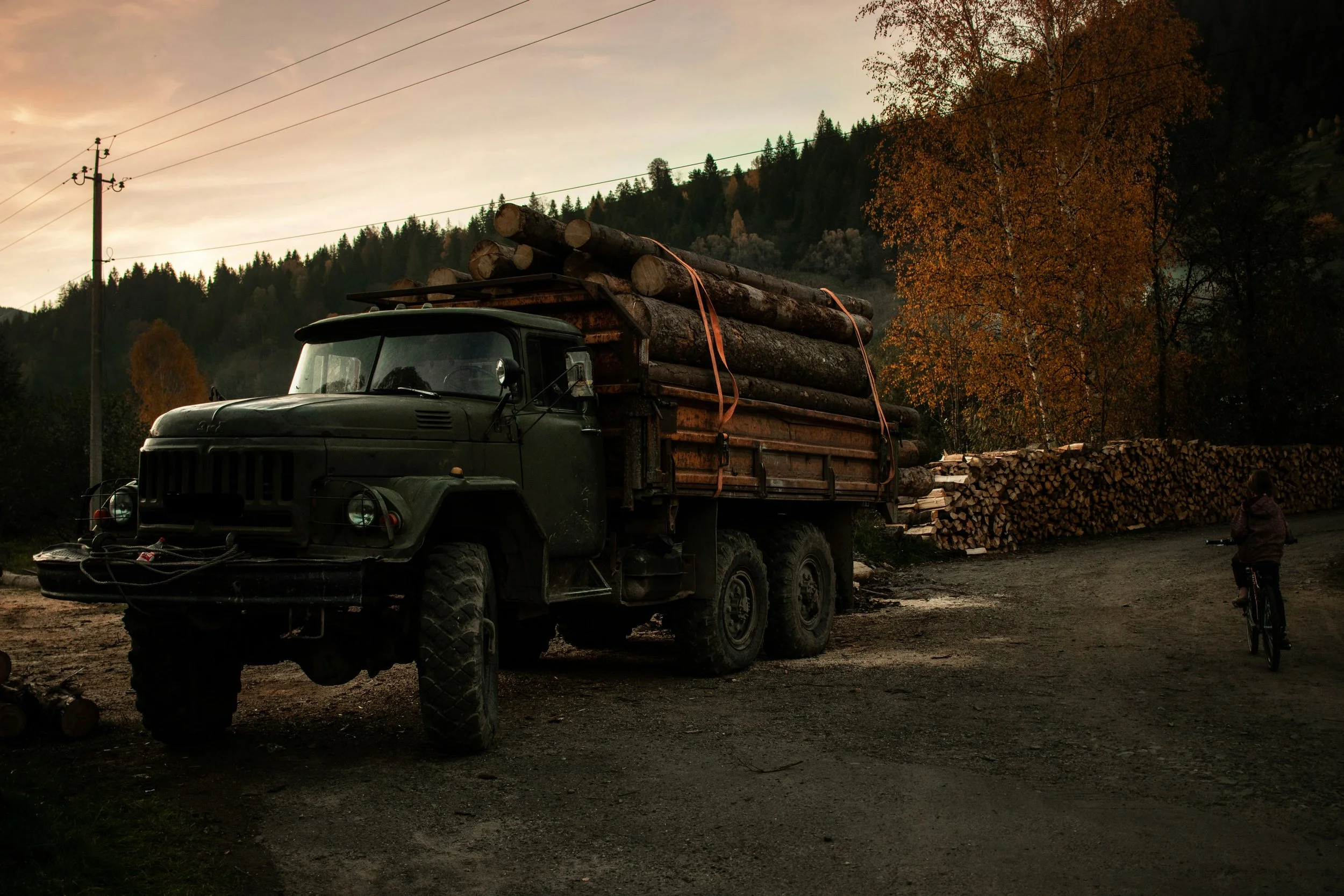 Un camion verde carico di tronchi di legno si trova su una strada asfaltata in una zona rurale, con un paesaggio di alberi autunnali e montagne sullo sfondo, al tramonto.