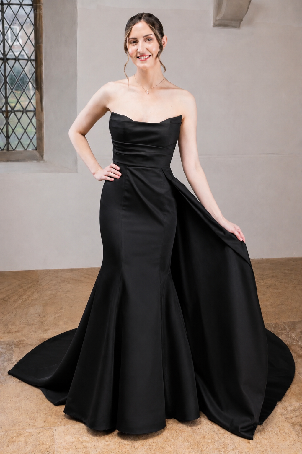 Cats eye neckline fishtail with dramatic overskirt in satin (sample size 12) £1,711
