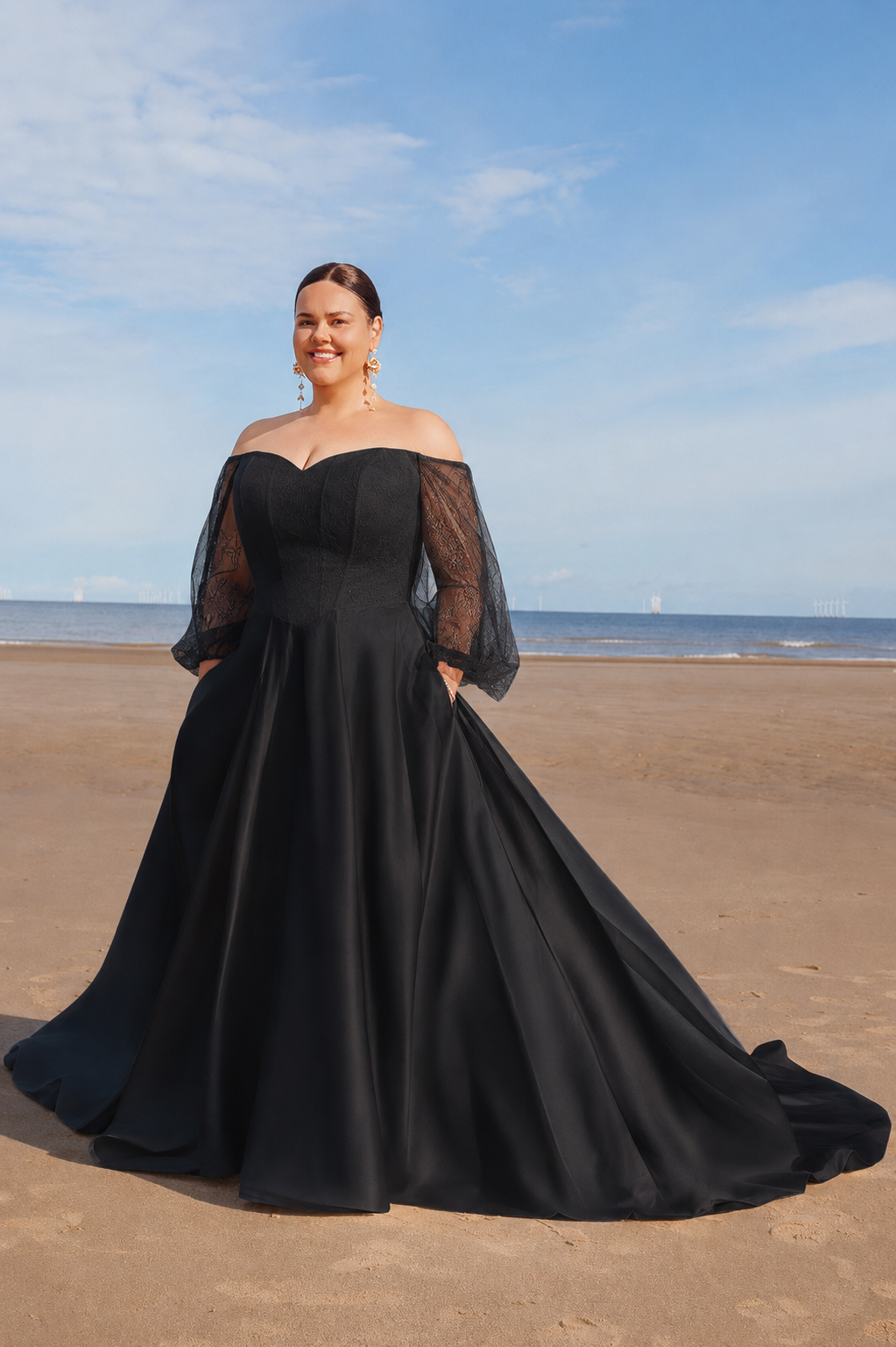 Simple yet stunning ballgown, with lace detailing on bodice and (detachable) sleeves with satin skirt (sample size 22) £1,525