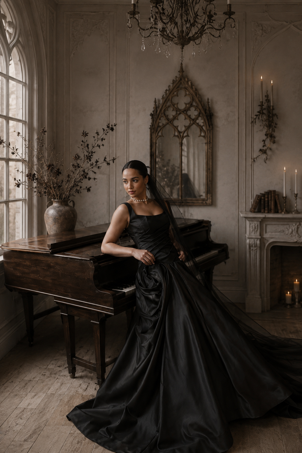Ballgown with square neck stain gown with pleated dropped waist and gathered rose detailing at hip (sample size 16) £1,675