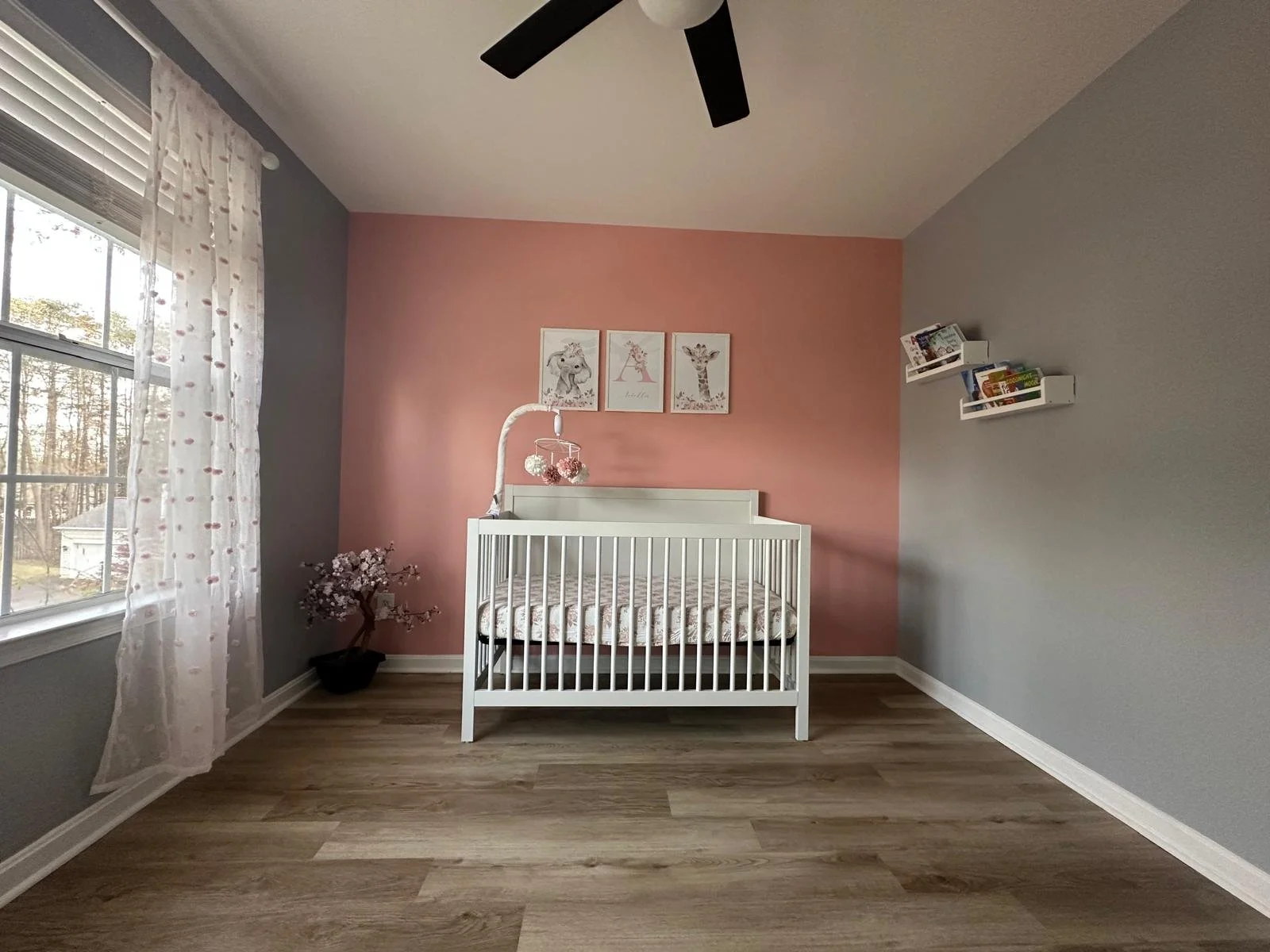 Nursery room with pink and gray walls, window with white curtain, crib with mobile, wall art, bookshelves, and a potted plant.