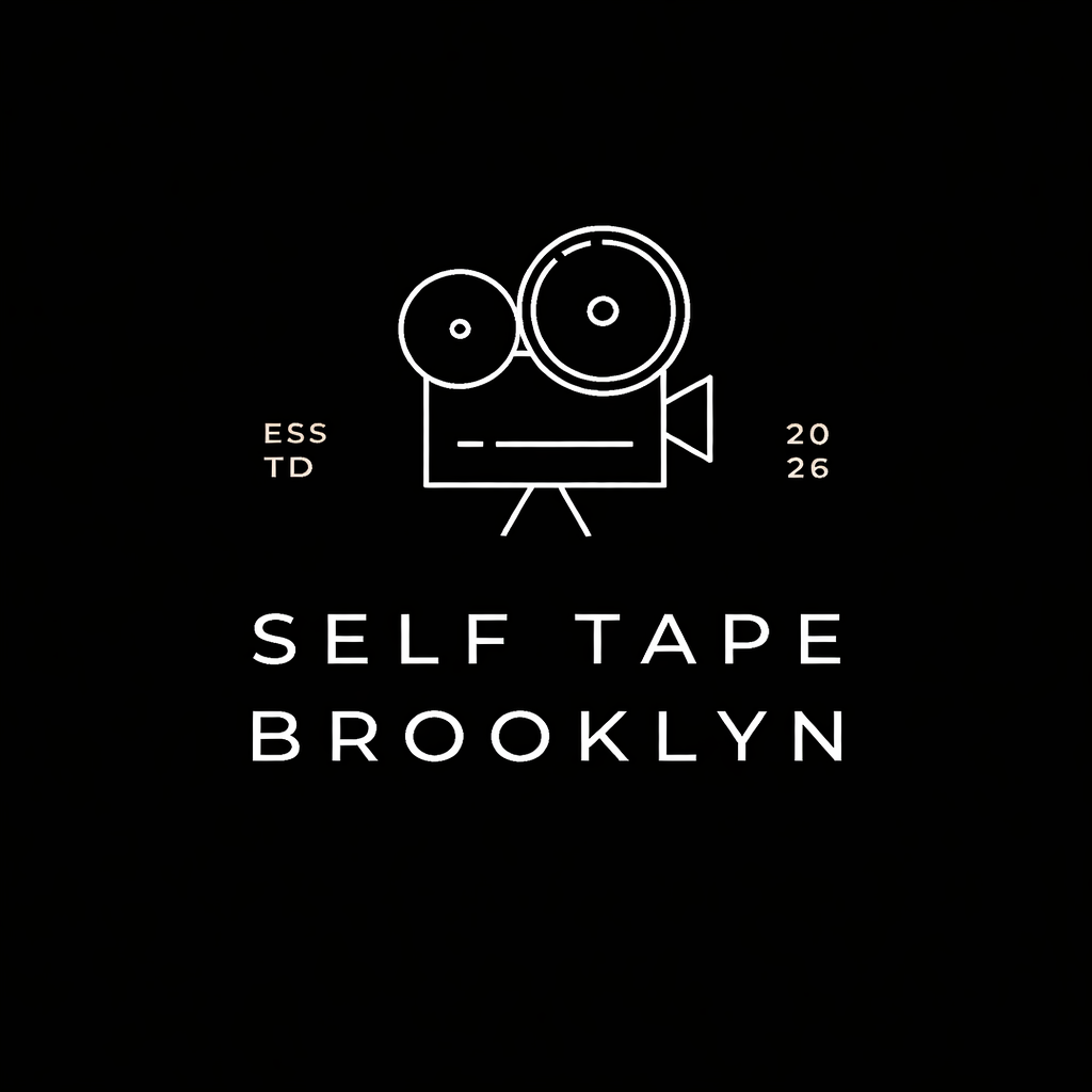 Minimalist black and white graphic of a vintage film camera with text 'Self Tape Brooklyn' and the year 2026.