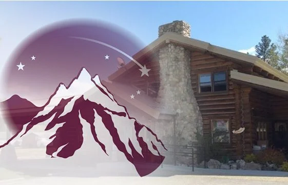 Overlay of a mountain with stars and a shooting star against the background of a rustic log cabin with stone chimney.