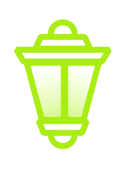 A green lantern-style lamp with a black handle and top. The lamp has a bright green glow.