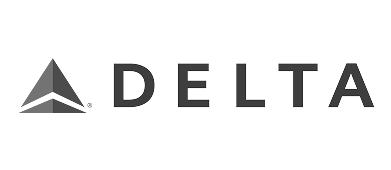 Delta Airlines logo with stylized triangle symbol and company name in black text.