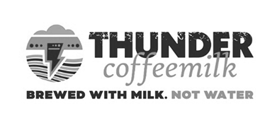 Thunder coffee milk logo with text indicating it is brewed with milk, not water