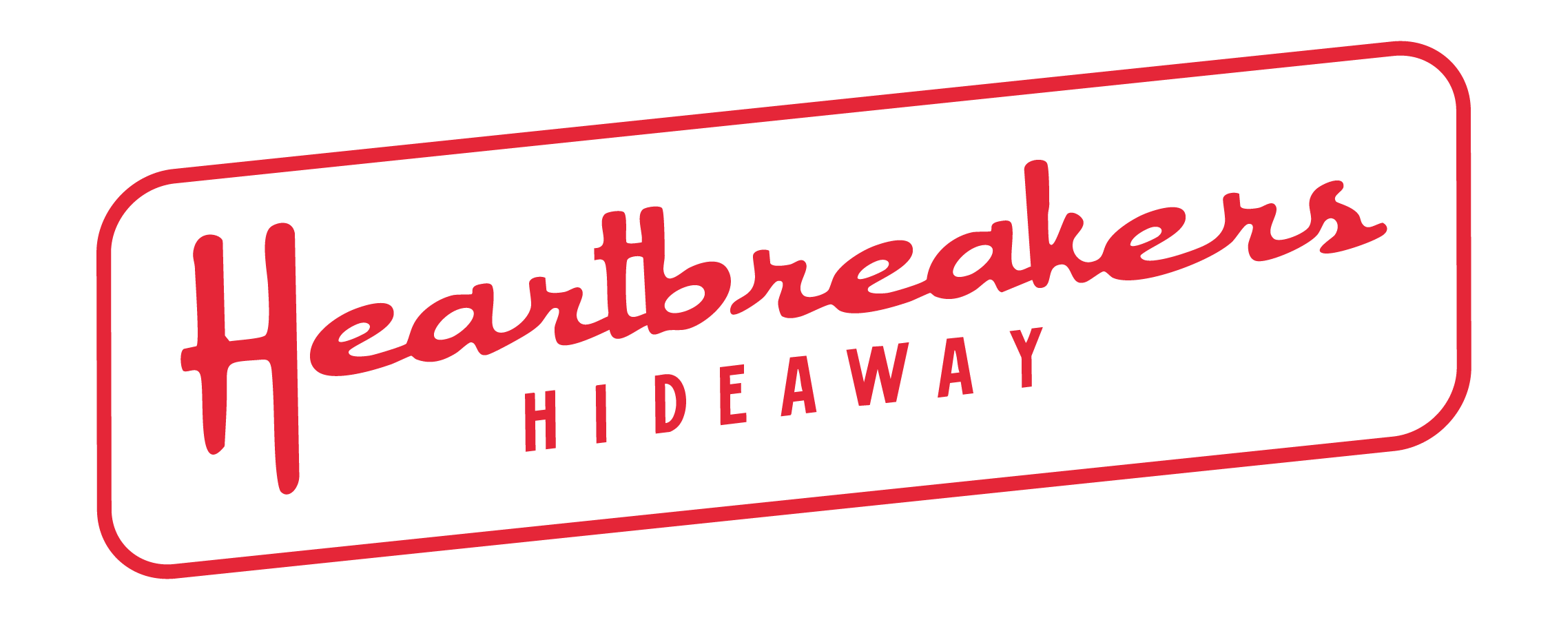 Logo for Heartbreakers Hideaway with stylized red text on a black background