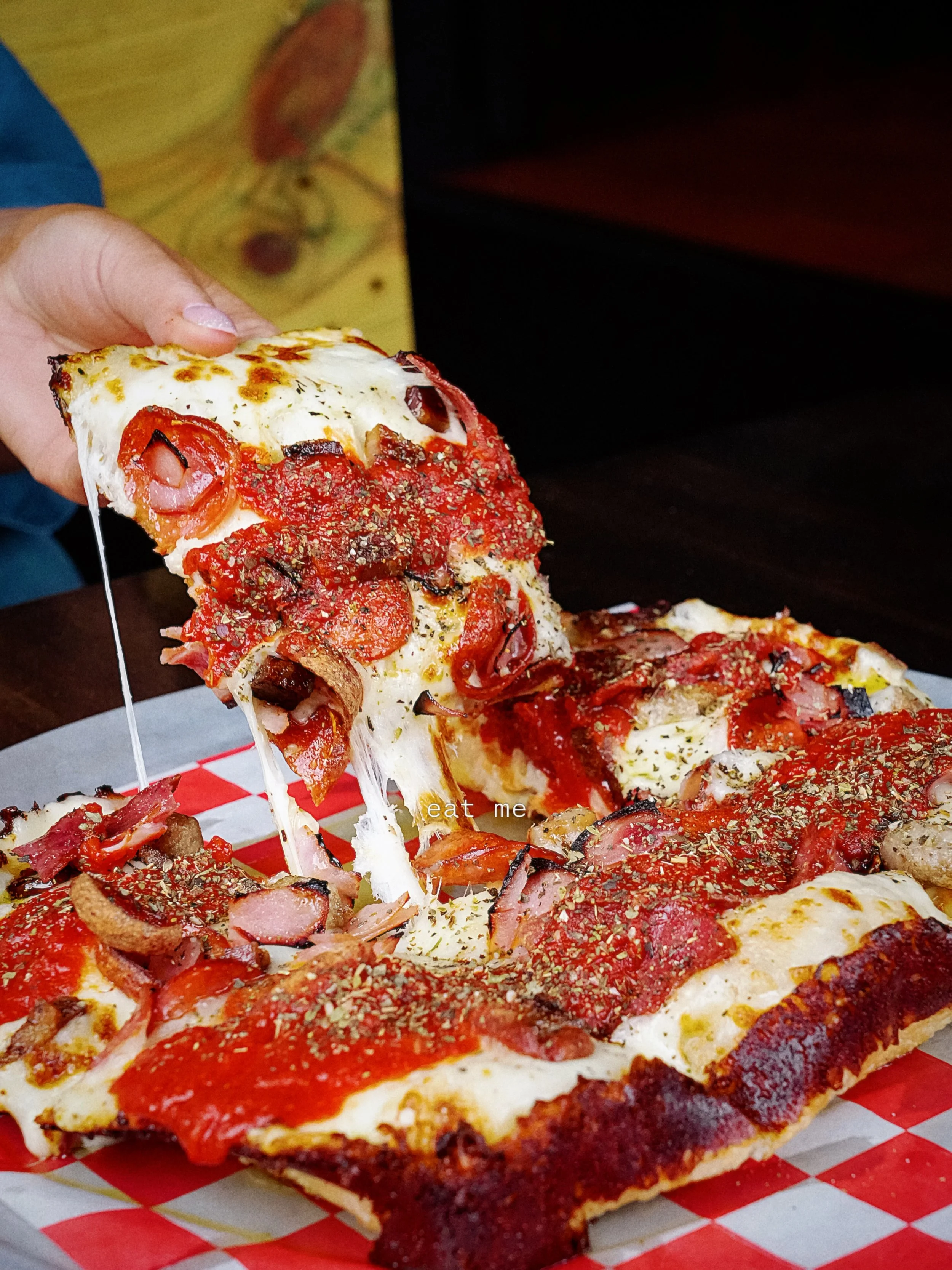 First two words you find is your subconscious mind telling you what you should do. 

Grub on a specialty Detroit-style pizza and wash it down with a boozy slushie 👌🏼