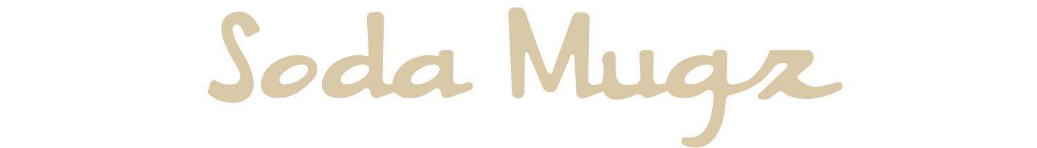 Soda Mugz logo with stylized text 'Soda Mugz' in beige color on a black background.