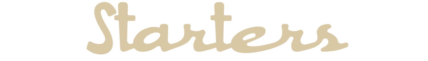 Logo with the word 'Starters' in beige cursive font on a black background.