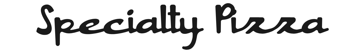 Black and white logo of Specialty Pizza written in a cursive font.