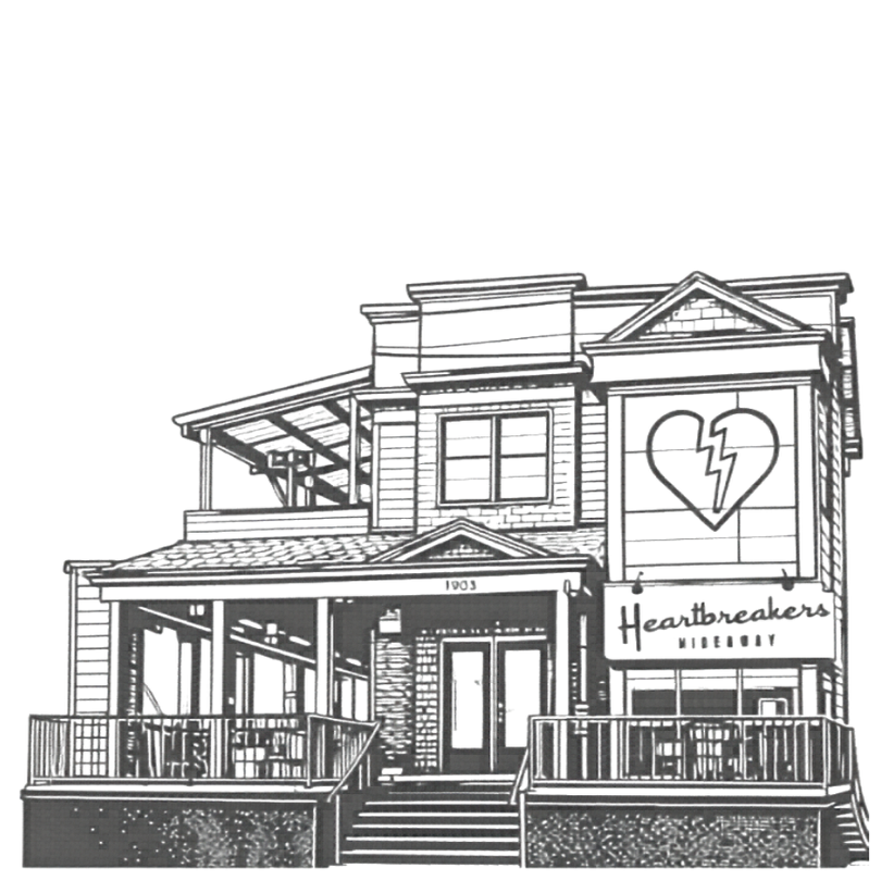 Black and white outline drawing of a two-story house with a porch and stairs leading up to the front door.