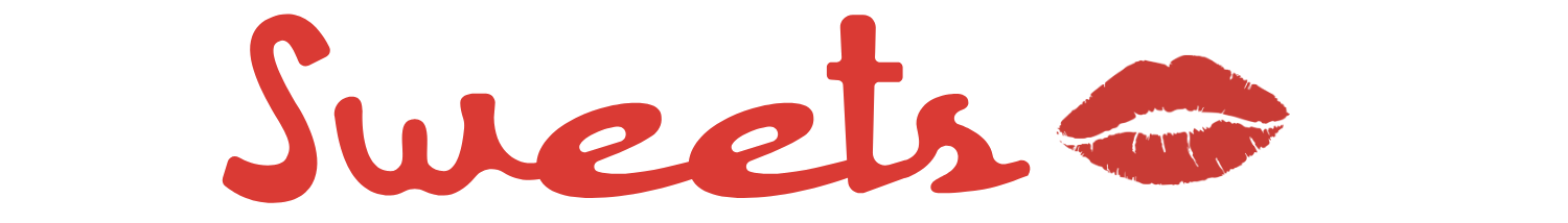 Graphic design with the word 'Sweets' in red cursive font, a lipstick kiss mark beside it, against a transparent background.