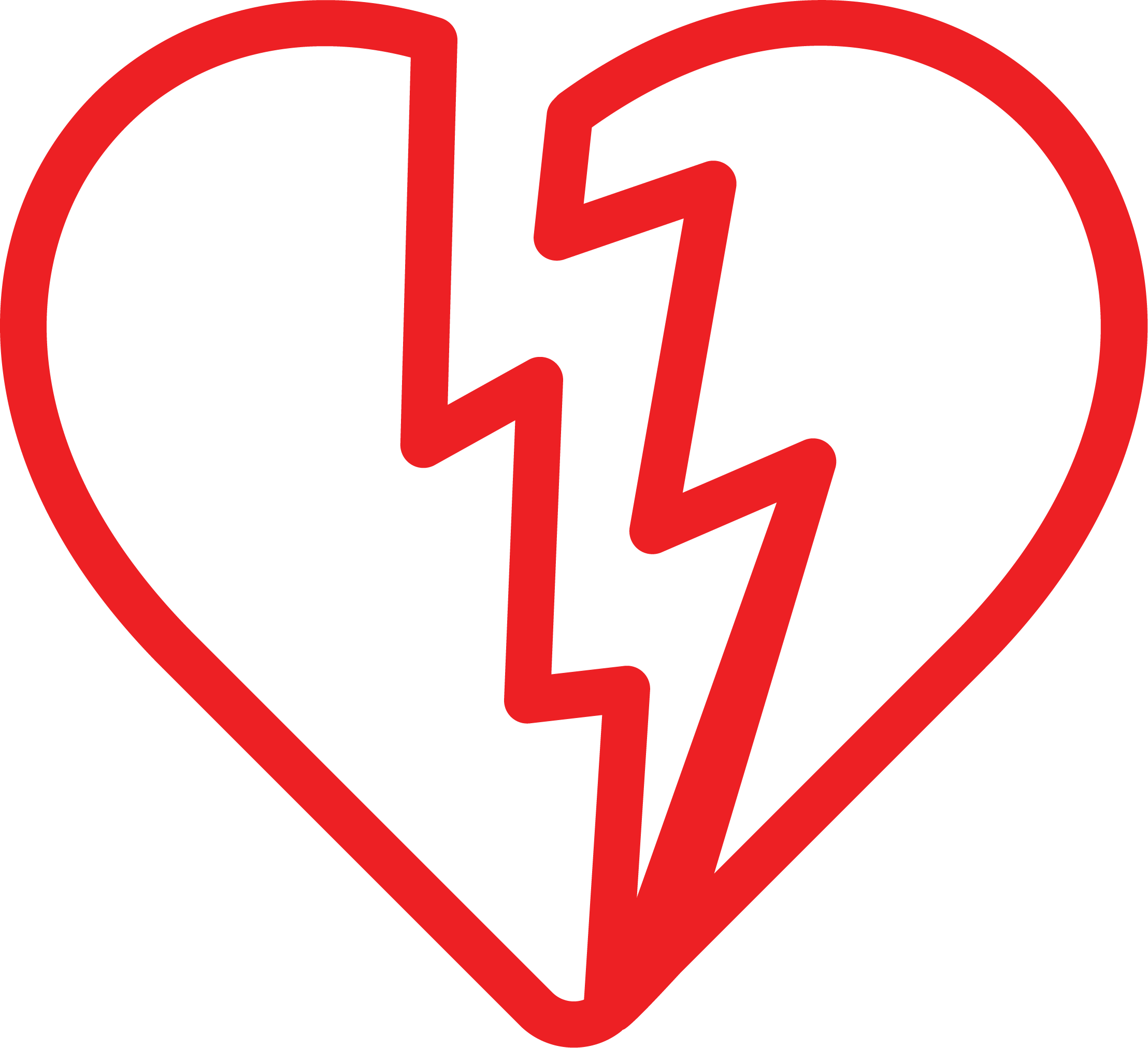A broken heart illustration with a lightning bolt through the middle, outlined in red on a black background.