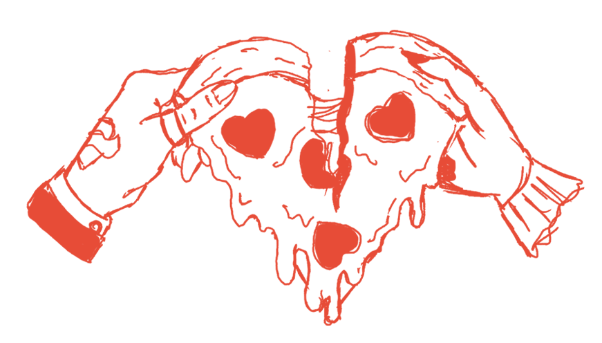Illustration of a skull with heart-shaped eyes and various smaller hearts, with hands on either side.