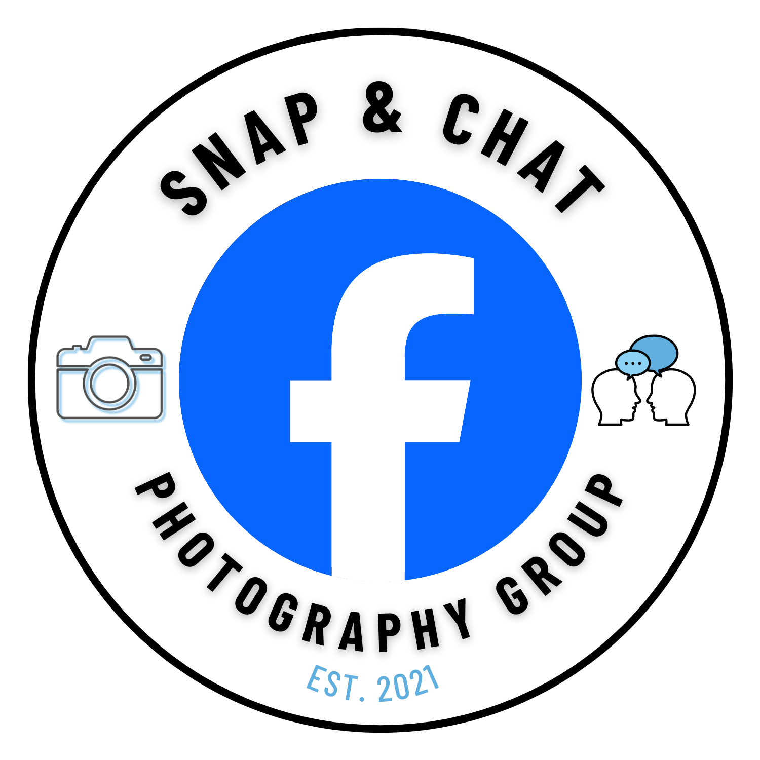 Circular logo featuring a large Facebook icon in blue and white at the center. Surrounding the icon are icons of a camera on the left and two people conversing on the right. The text reads "Snap & Chat Photography Group" around the top and "Est. 2021" at the bottom.