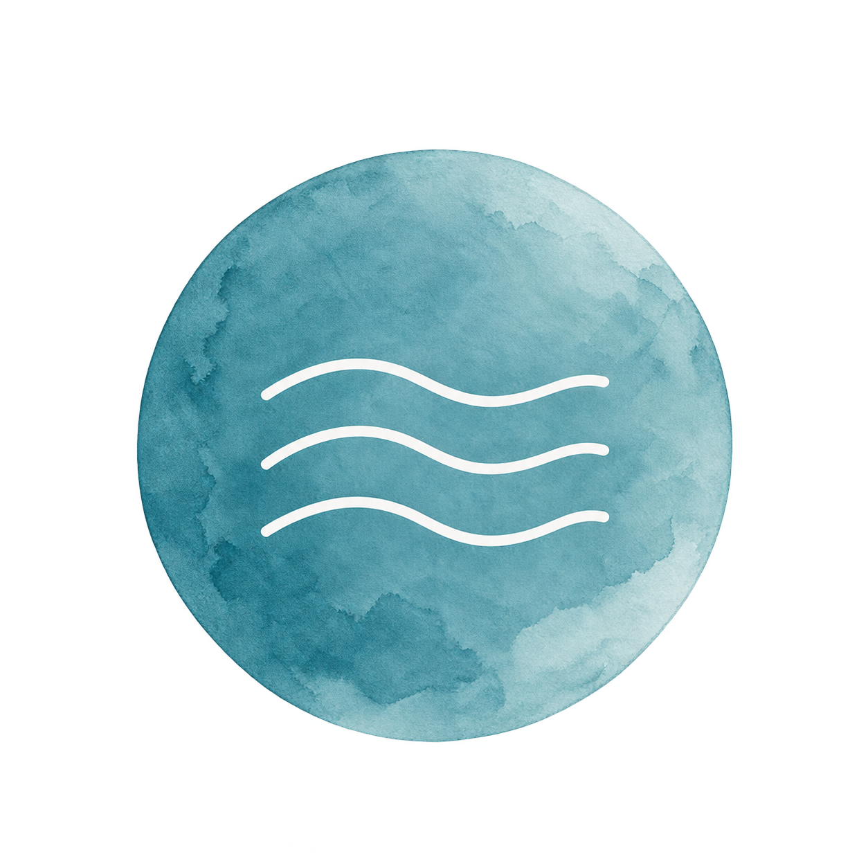 White flowing wave lines on a teal blue watercolor circle, representing calm and emotional balance.