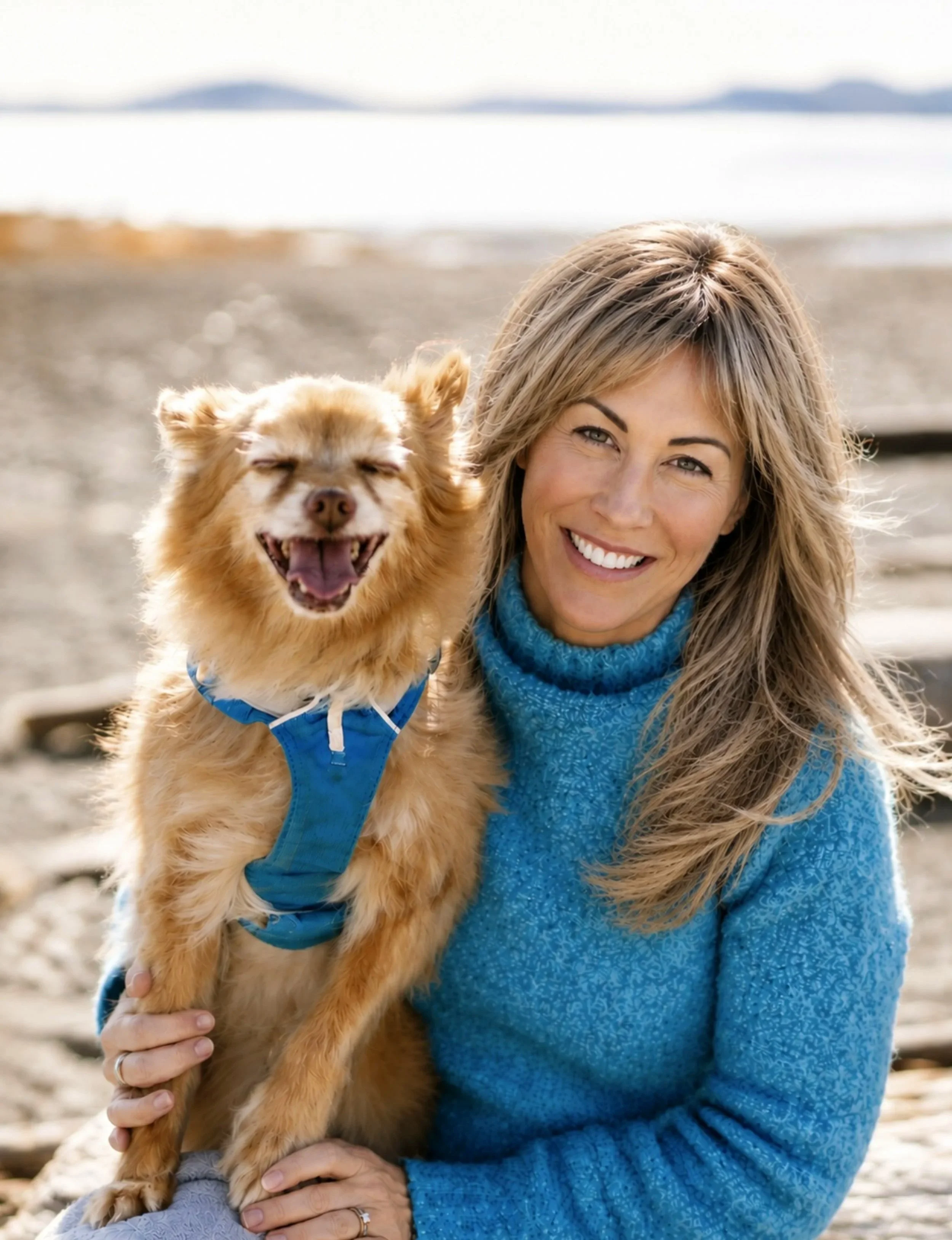 Nadine Ferguson, Registered Clinical Counsellor (RCC), with her dog Toby on a beach in Victoria, BC. Nadine provides attachment-focused, trauma-informed counselling for adults, adolescents, and couples through Shapes of Water Wellness.