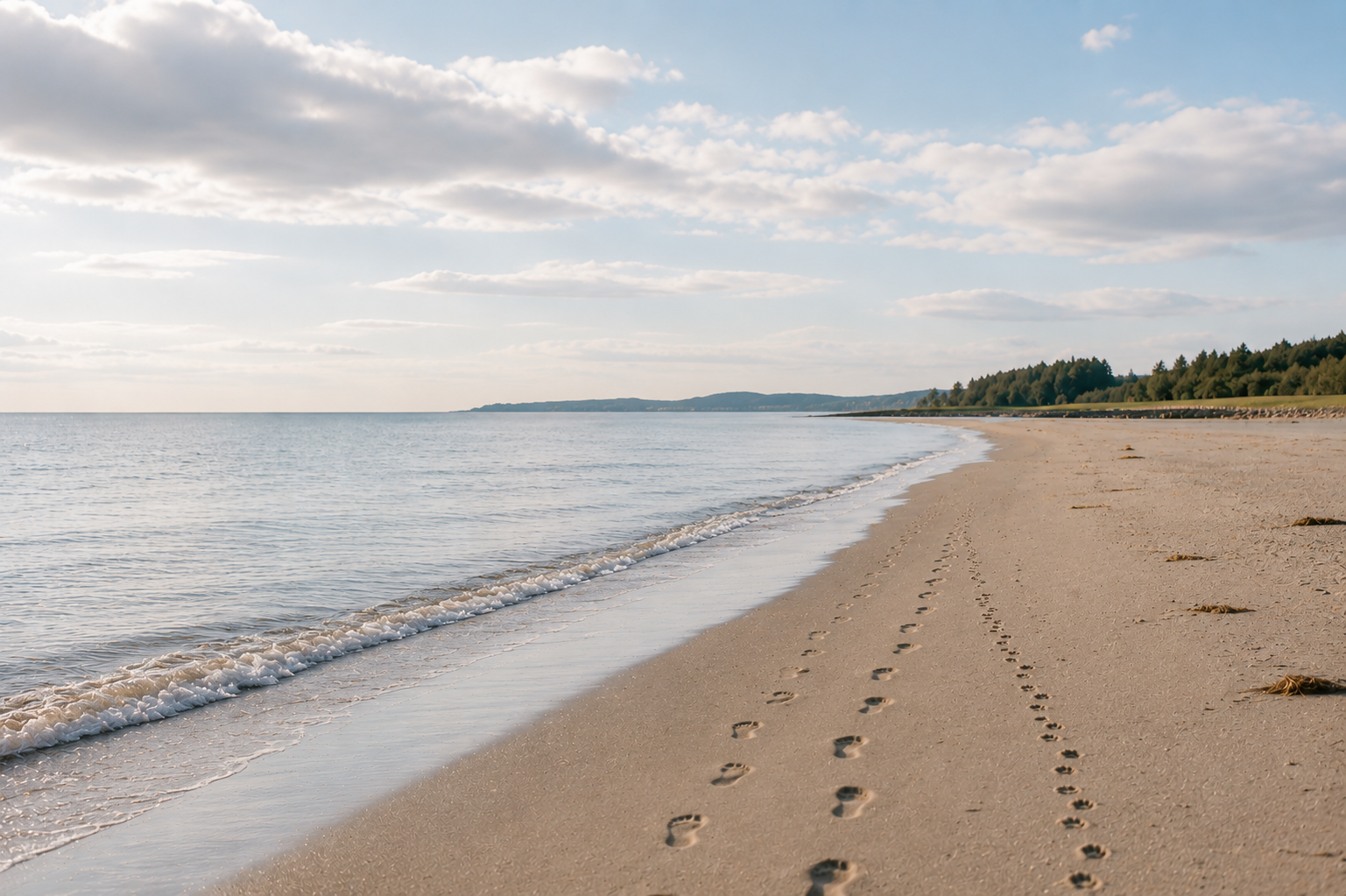 Two sets of human footprints and dog paw prints along a peaceful shoreline, symbolizing healing, connection, life transitions, and the journey toward greater clarity, resilience, and wellbeing through counselling.