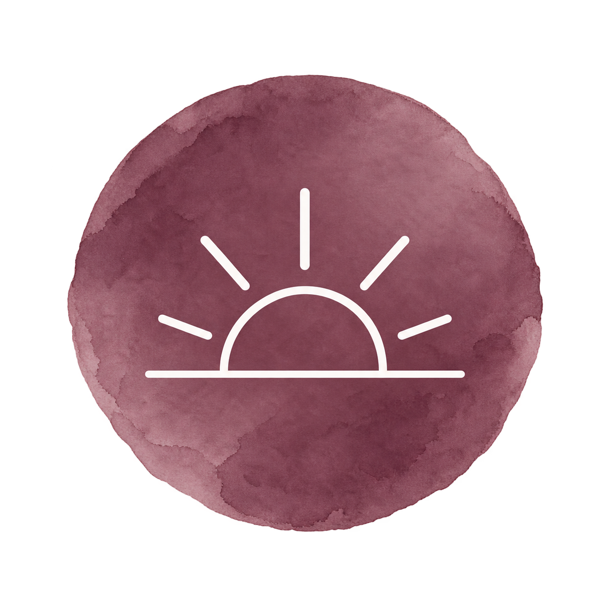 Watercolor art of a sunset with white line drawing of a sun on a round, pinkish background.