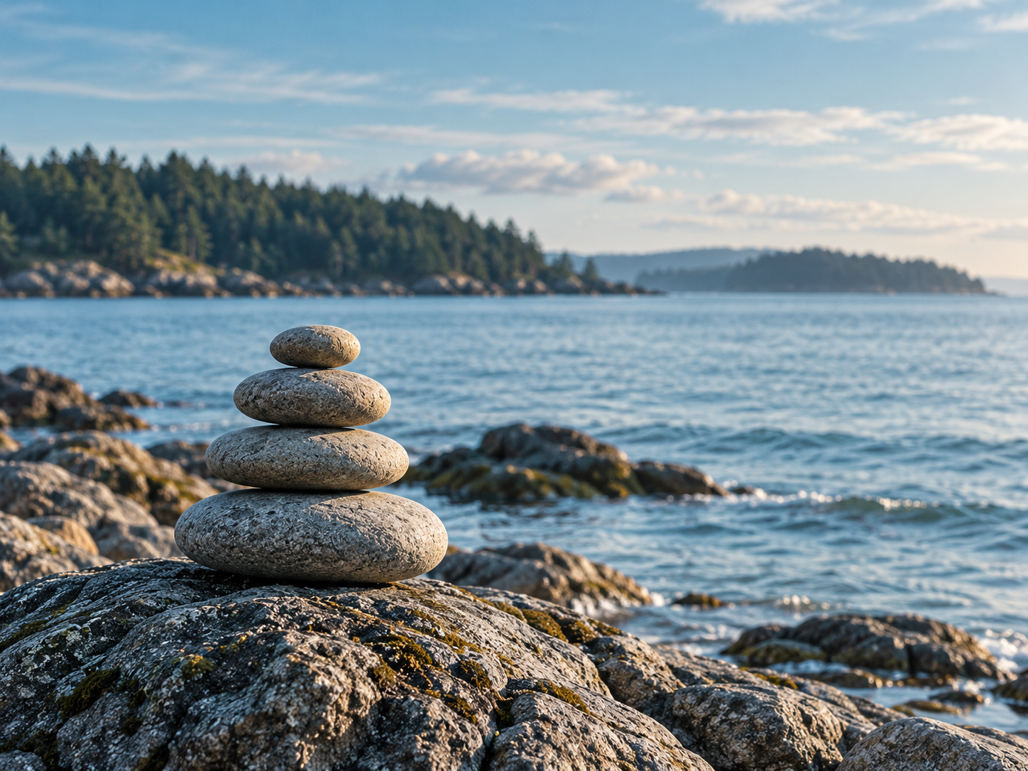 Five balanced stones on a rocky ocean shoreline overlooking the coastal waters of British Columbia.
