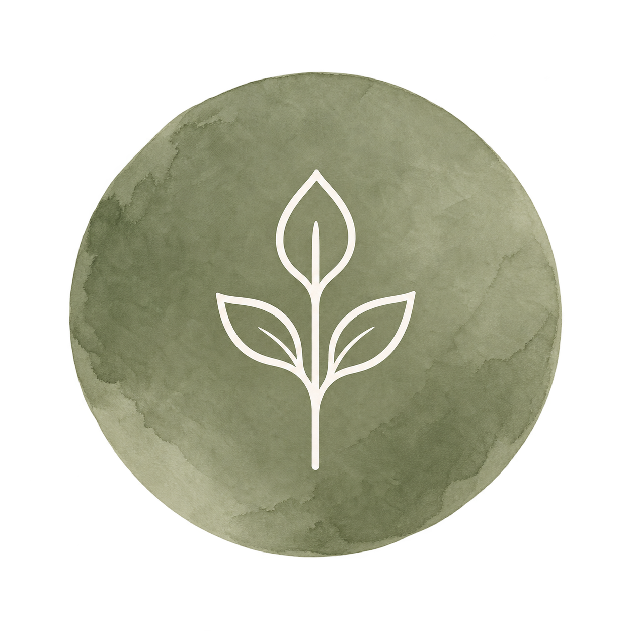 White line illustration of a sprouting plant on a sage green watercolor circle, symbolizing personal growth.