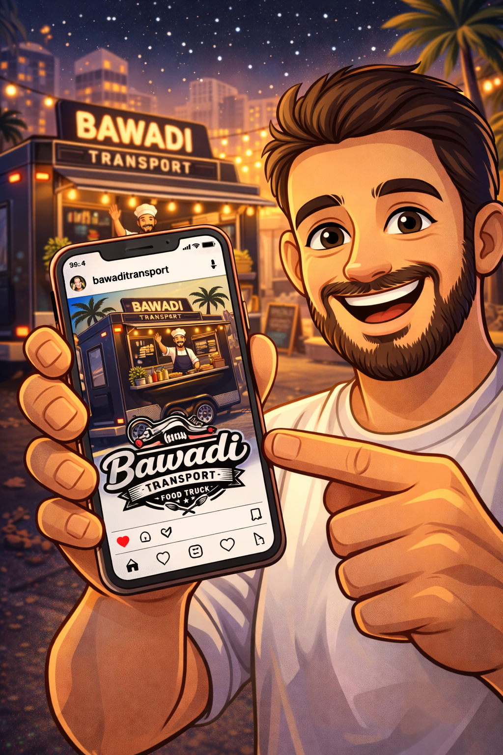 A cheerful man with dark hair and a beard is showing his smartphone screen, which displays a food truck named 'Bawadi' at sunset in an urban setting with palm trees and buildings in the background. The phone screen features the logo and social media account of Bawadi Transport food truck.
