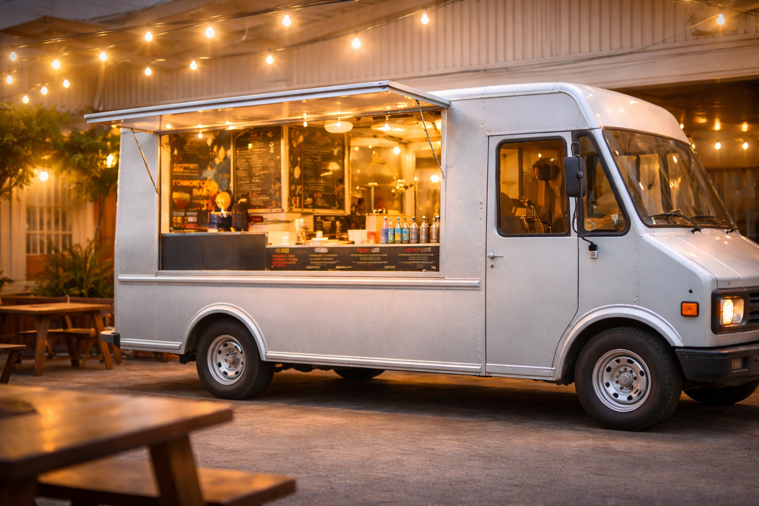 A food truck parked outdoors at night with string lights overhead, serving food with menu signs inside.