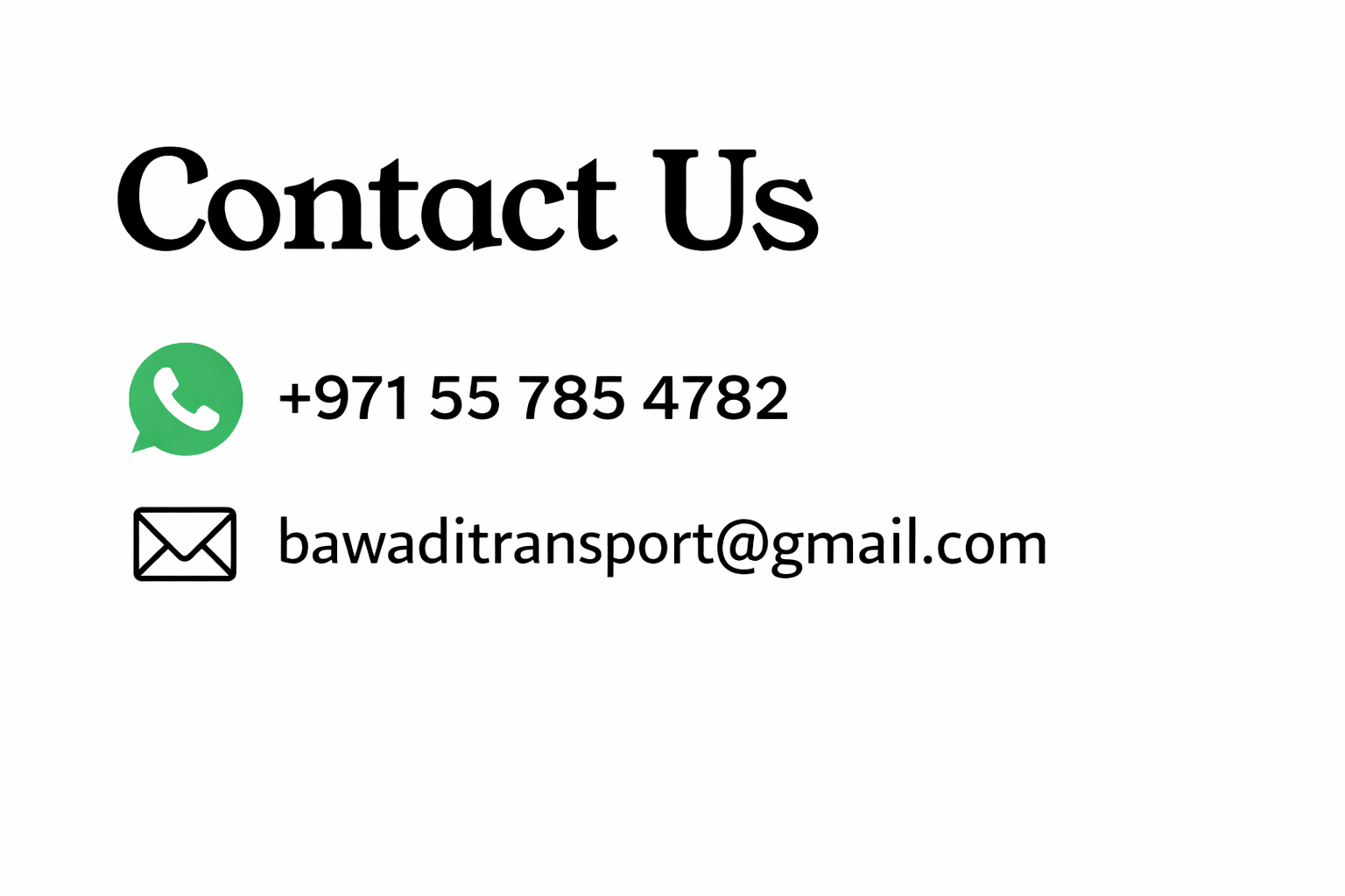Contact information with WhatsApp icon, phone number +971 55 785 4782, and email address bawidtransport@gmail.com