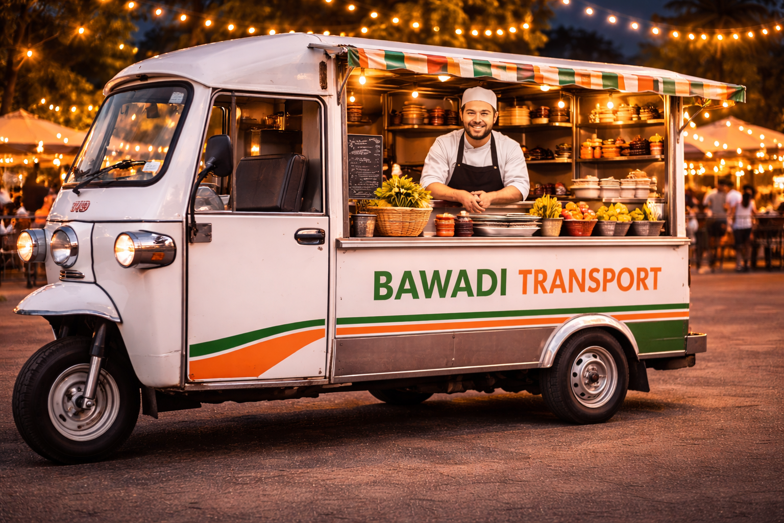 A man in a chef uniform and black apron smiling at a food cart labeled 'Bawadi Transport' parked at an outdoor market or festival at dusk. The cart is decorated with green, orange, and white stripes and displays various food items including fruits an