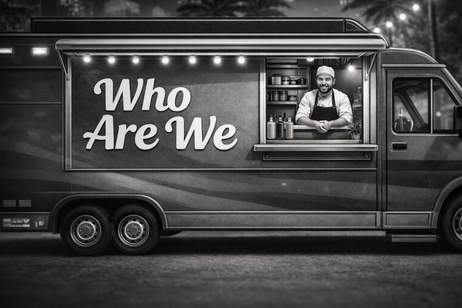 Black and white photo of a food truck with a smiling chef in the serving window, and the words 'Who Are We' on the sign.