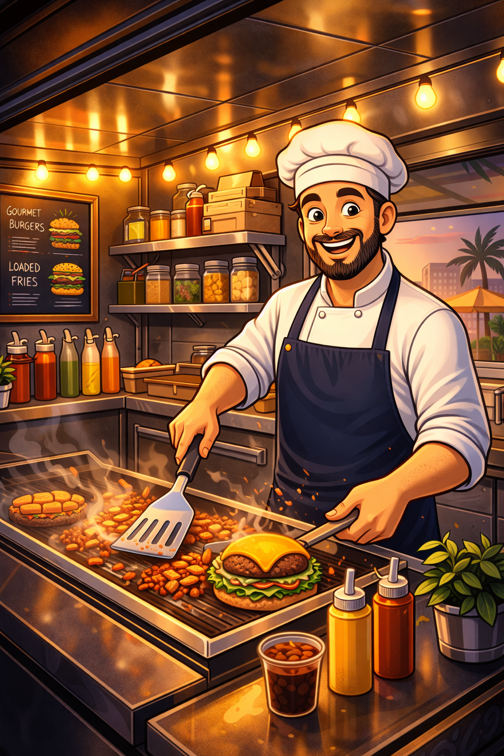 Happy chef cooking burgers on a grill in a food stand at sunset.