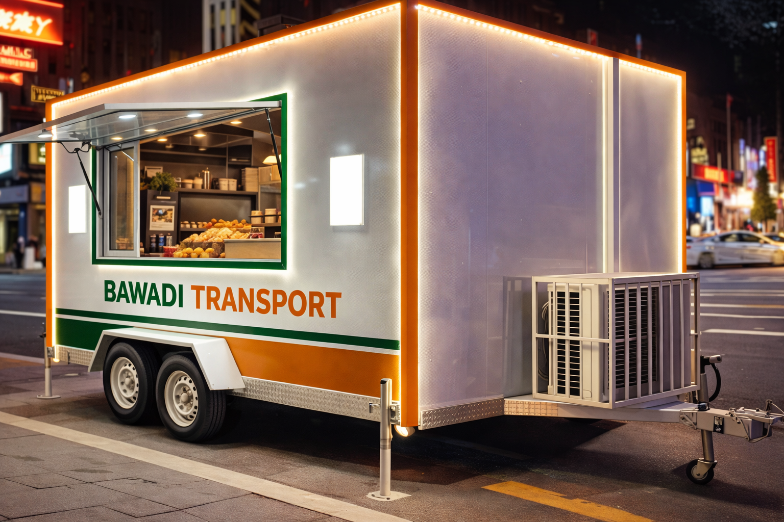 A mobile food stand with the words 'Bawadi Transport' on the side, parked on a city street at night. The stand has a window for serving food, the serving window is open, and inside there are various food items and supplies visible. The stand is illum