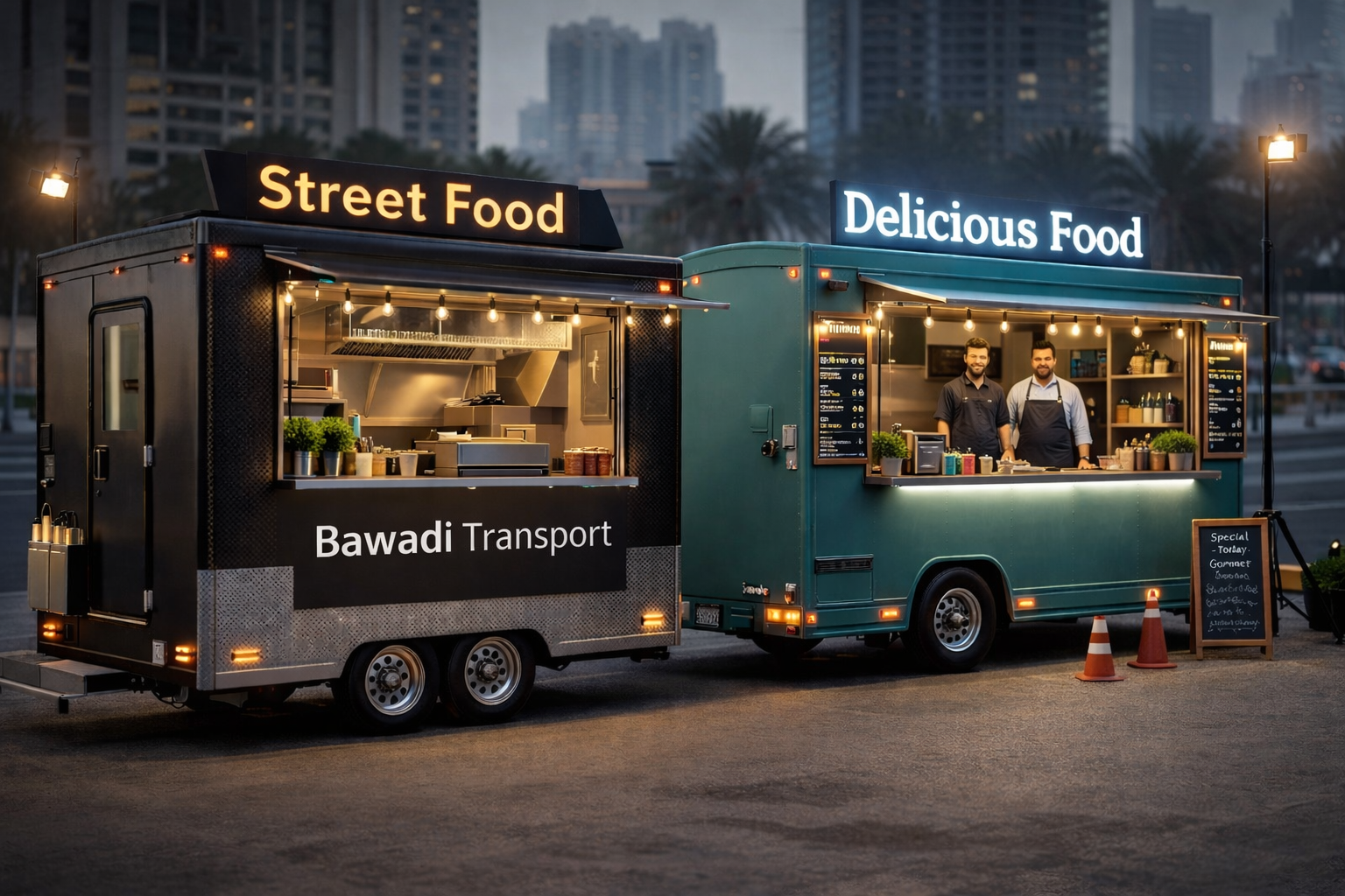 Two food trucks, one black with 'Street Food' sign and the other green with 'Delicious Food' sign, parked side by side at dusk. The black truck has a window serving food, and the green truck has two men inside preparing food, with signage and a chalkboard menu outside.