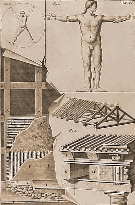 A detailed historical illustration showing human anatomy, architectural structures, and construction diagrams, including a full human figure with outstretched arms, a smaller figure in a circle, and cross-section views of building frameworks.