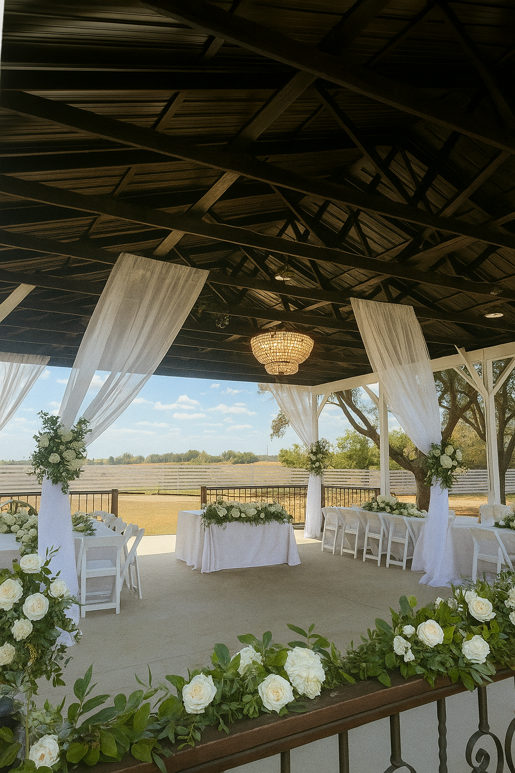 A decorated outdoor wedding reception area under a pavilion with draped white curtains, white floral arrangements, and a chandelier, overlooking a rural landscape with trees and a cloudy sky.