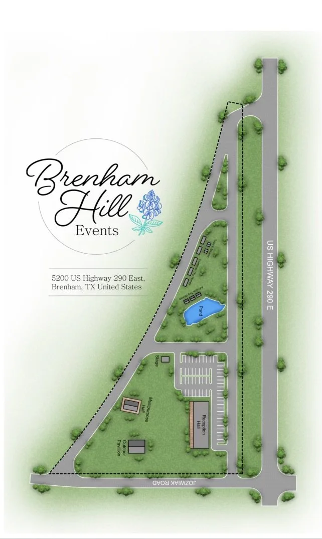 Site map of Brenham Hill Events, showing parking, outdoor pavilion, restroom, multipurpose building, pond, and roads around the property located at 5200 US Highway 290 East, Brenham, Texas.