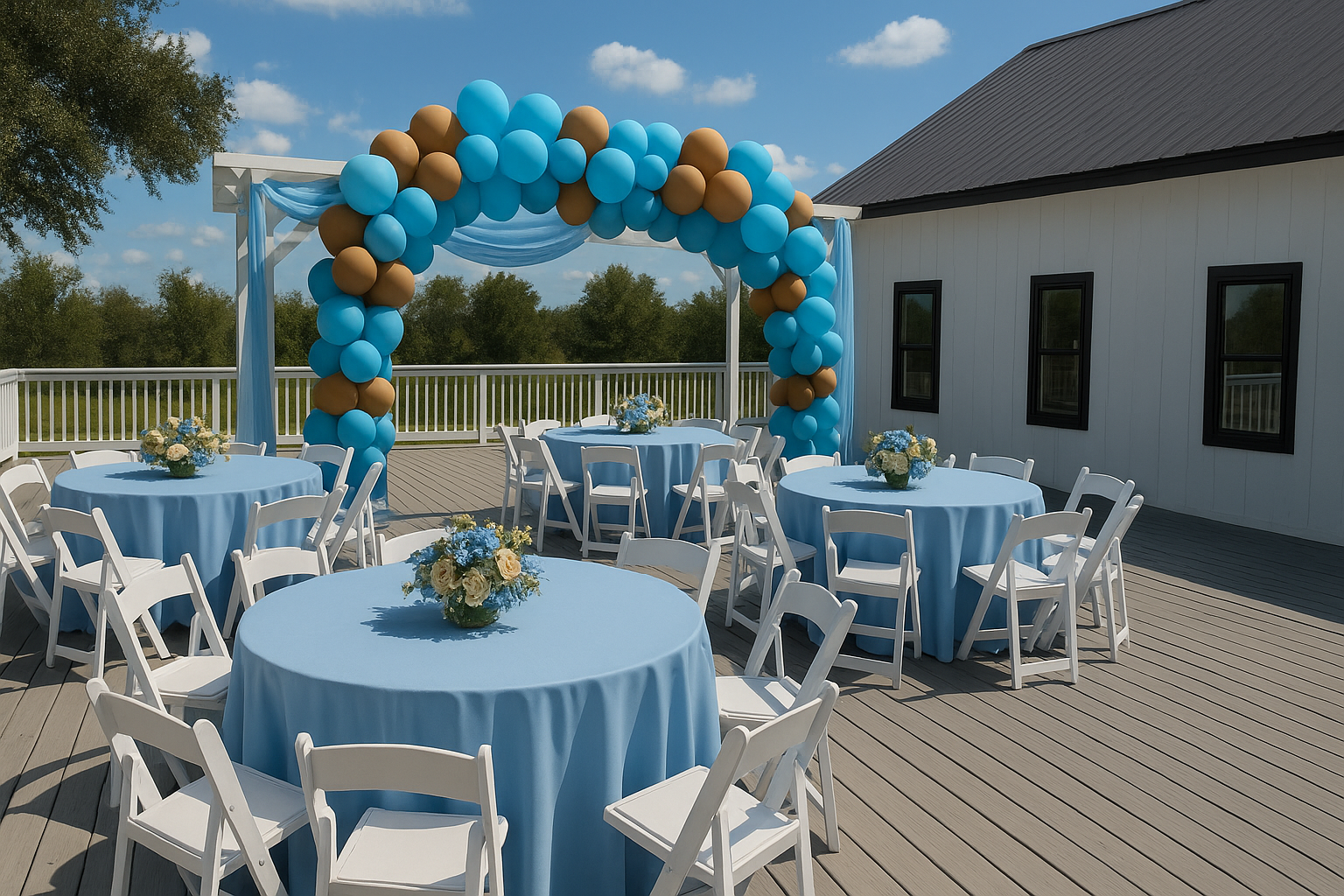Outdoor celebration setup with round tables covered in blue tablecloths, white chairs, floral centerpieces, and a balloon arch in shades of blue and brown, on a wooden deck under a partly cloudy sky.