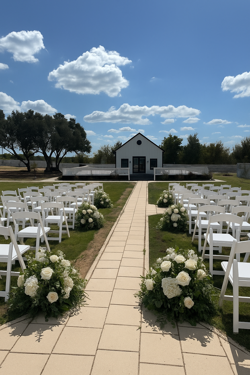 Outdoor wedding setup with white chairs arranged on either side of a central aisle lined with white floral arrangements, leading to a small white chapel under a bright blue sky with scattered clouds.