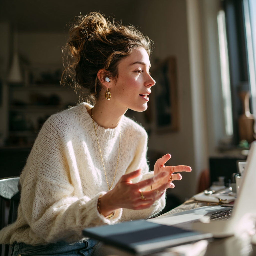 Young woman working remotely, supporting online businesses with admin