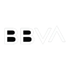 Logotipo de BBVA con letras negras y un símbolo gráfico en línea en forma de V