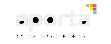 Logotipo con el texto 'aporta' y la frase 'BRECA IMPACTO SOCIAL' debajo, sobre fondo negro.