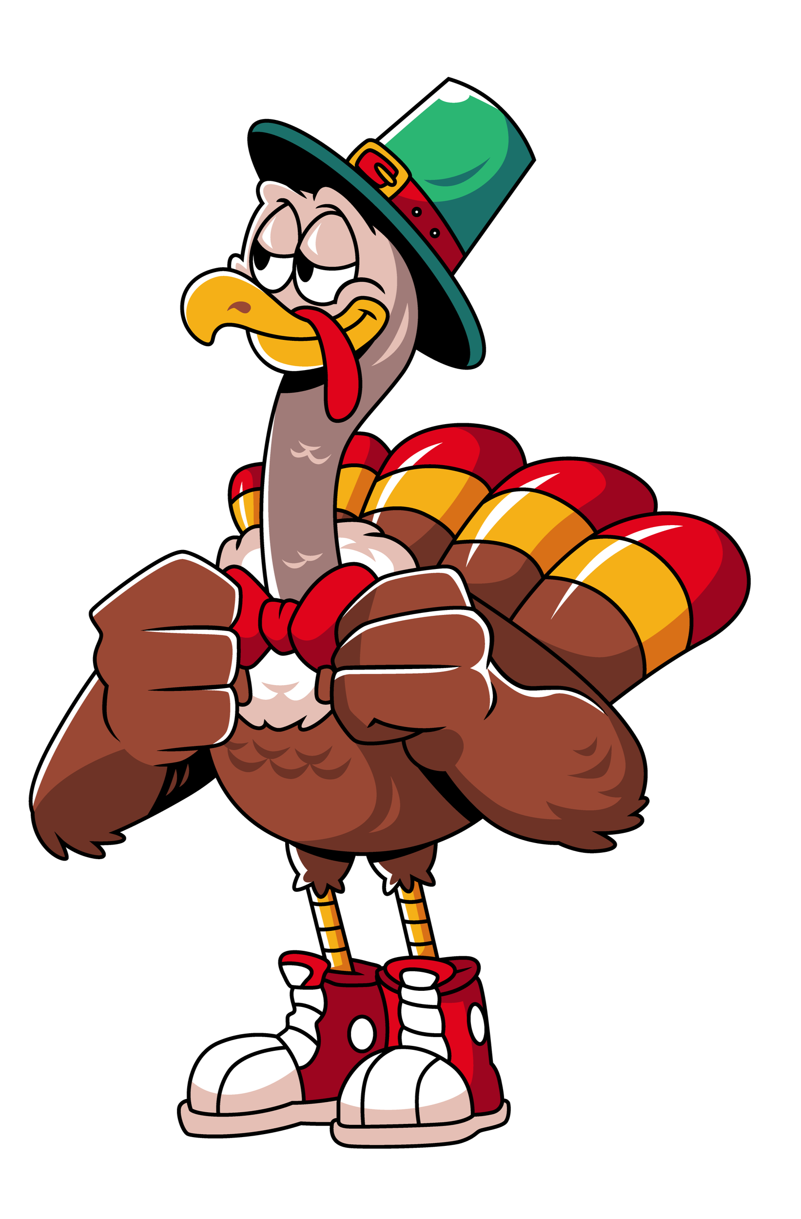 A cartoon turkey dressed as a pilgrim with a green hat, red bow tie, and red shoes standing with fists clenched.