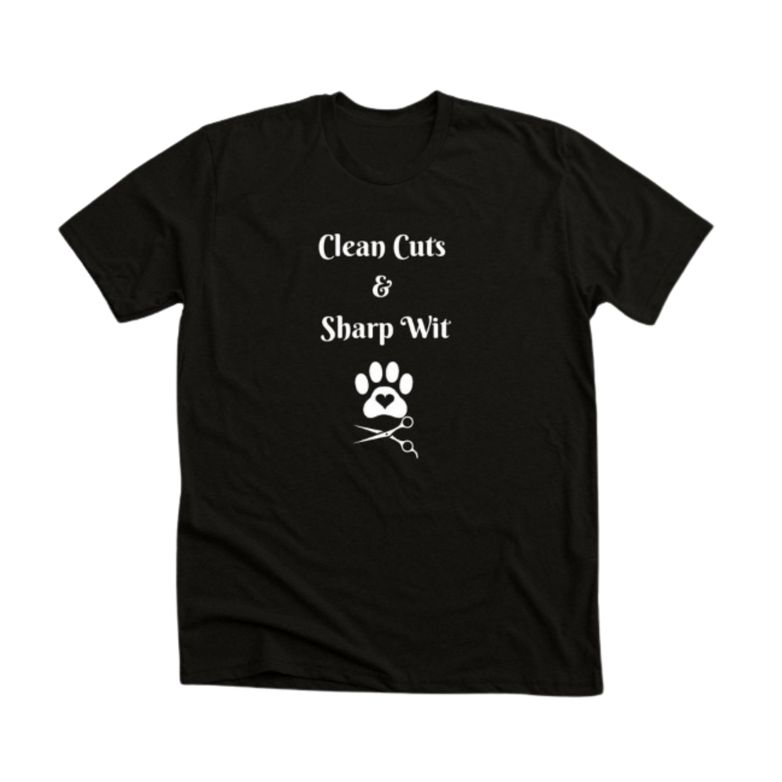 Black T-shirt with white text that reads 'Clean Cuts & Sharp Wit', accompanied by a paw print with a heart-shaped pad, scissors, and a hair clipper.