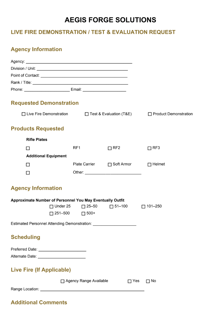 A form titled "Aegis Forge Solutions Live Fire Demonstration / Test & Evaluation Request" includes sections for agency information, requested demonstration, products requested such as rifle plates and additional equipment, agency information with personnel estimates, scheduling details with preferred and alternate dates, live fire availability with range location, and additional comments.